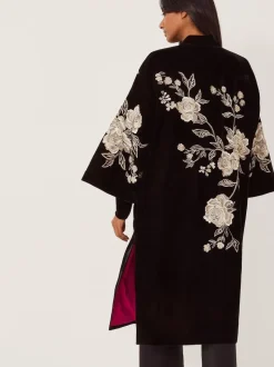 Monsoon Black Fia Floral Embroidered Velvet Kimono