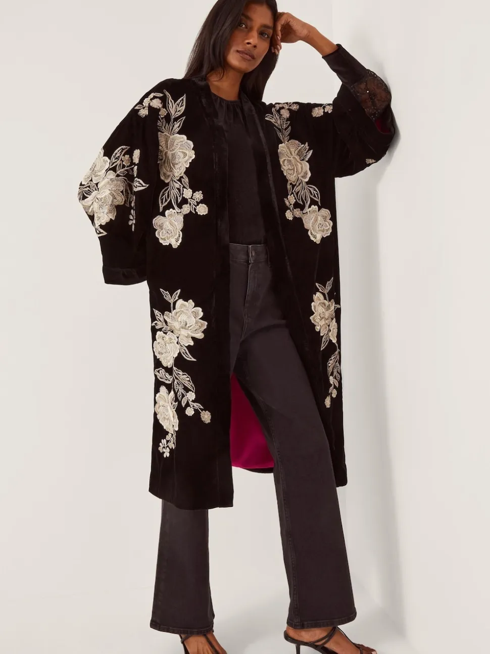 Monsoon Black Fia Floral Embroidered Velvet Kimono