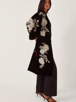 Monsoon Black Fia Floral Embroidered Velvet Kimono