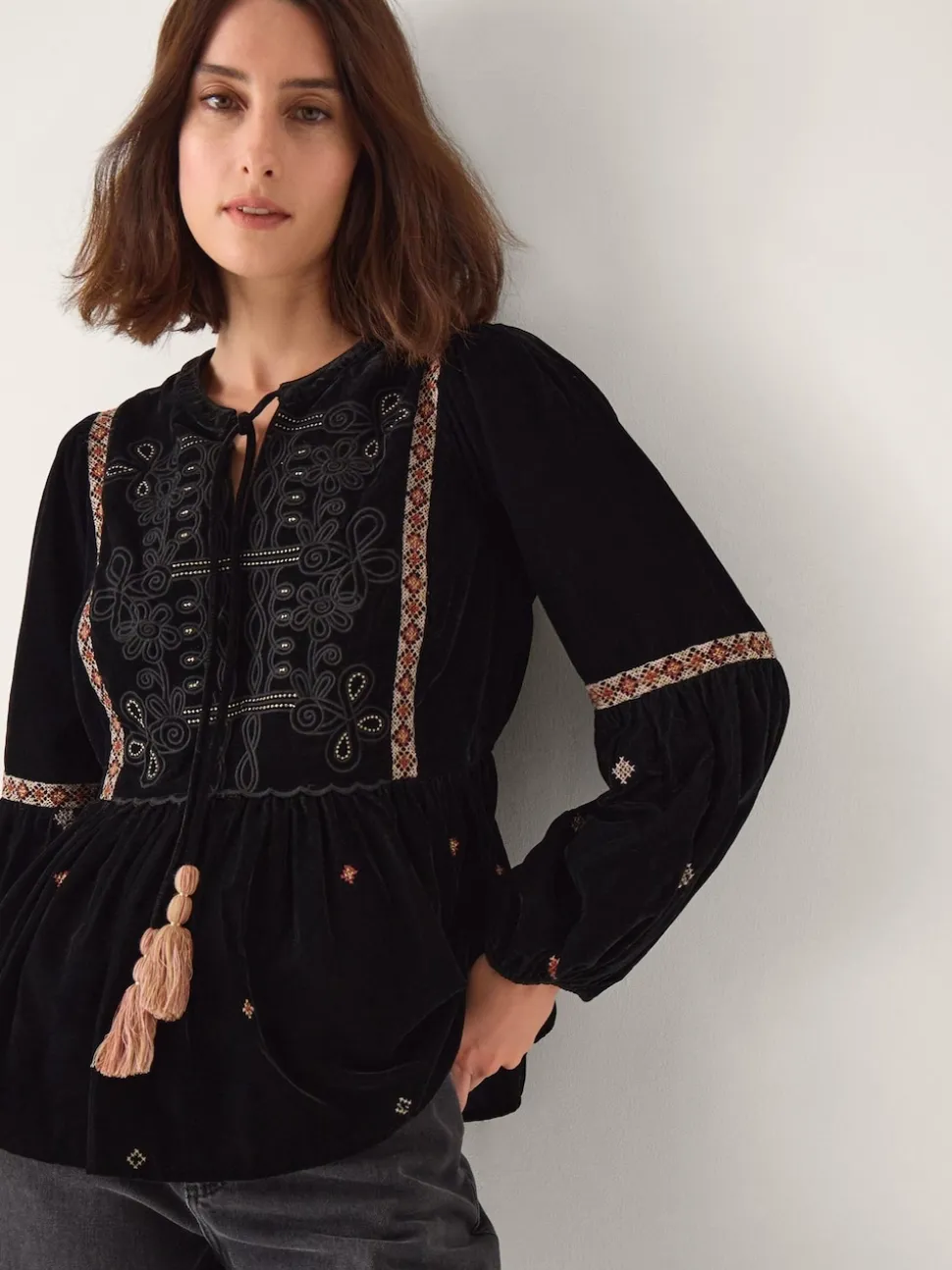 Monsoon Black Noni Embroidered Velvet Long Sleeve Blouse