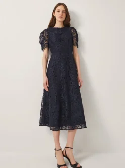 Monsoon Blue Betty Lace Puff Sleeve Midi Dress