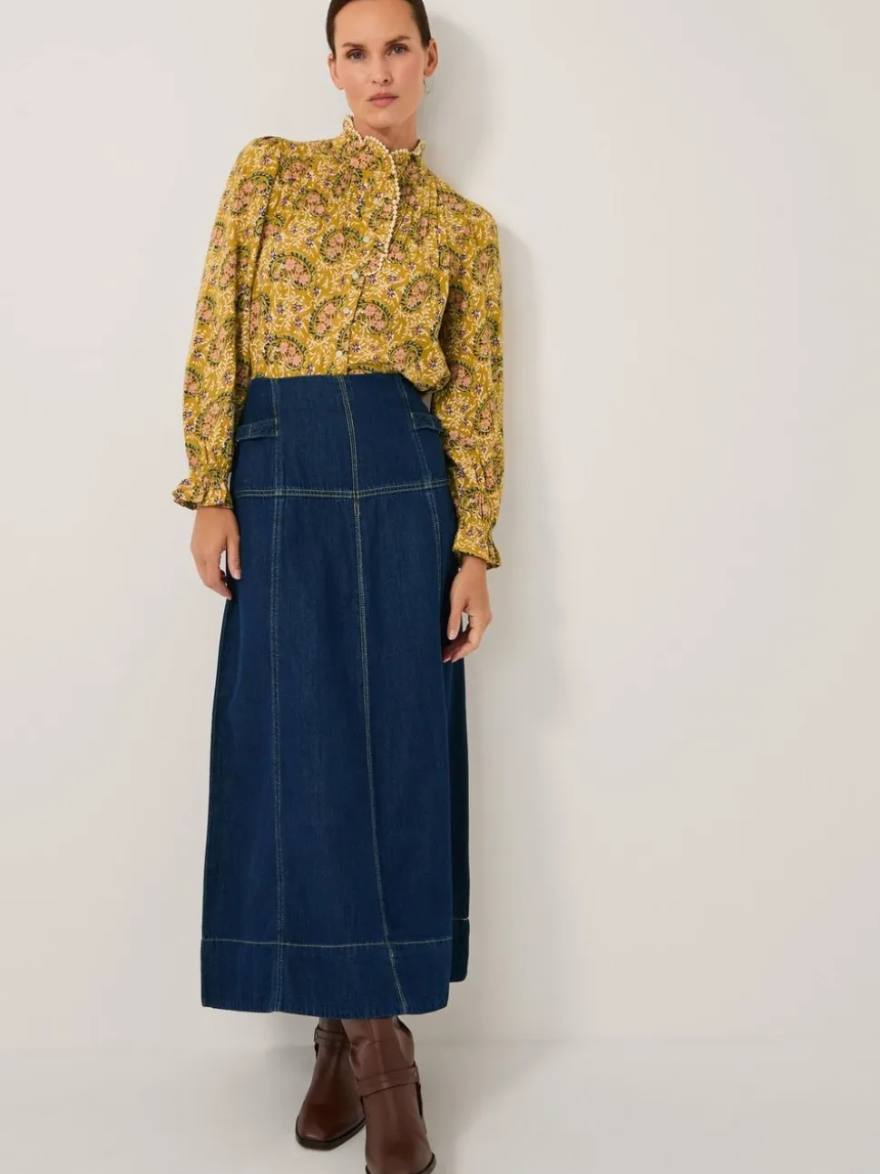 Monsoon Blue Brooke Seamed Denim Midi Skirt
