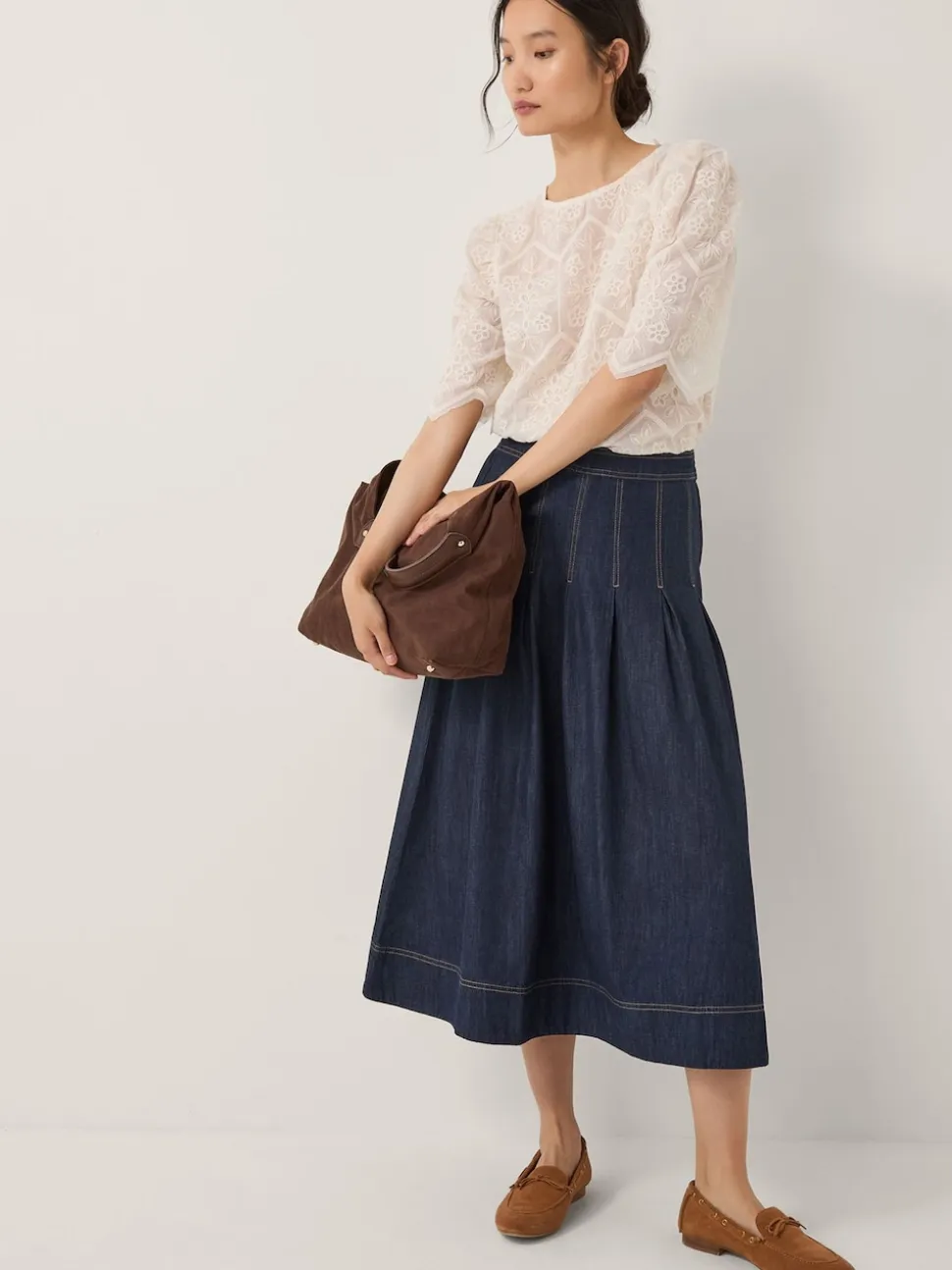 Monsoon Blue Darcie Pleated Denim Midi Skirt