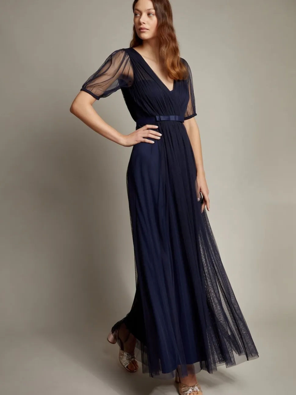 Monsoon Blue Ellie Sheer Sleeve Plunge Tulle Maxi Dress