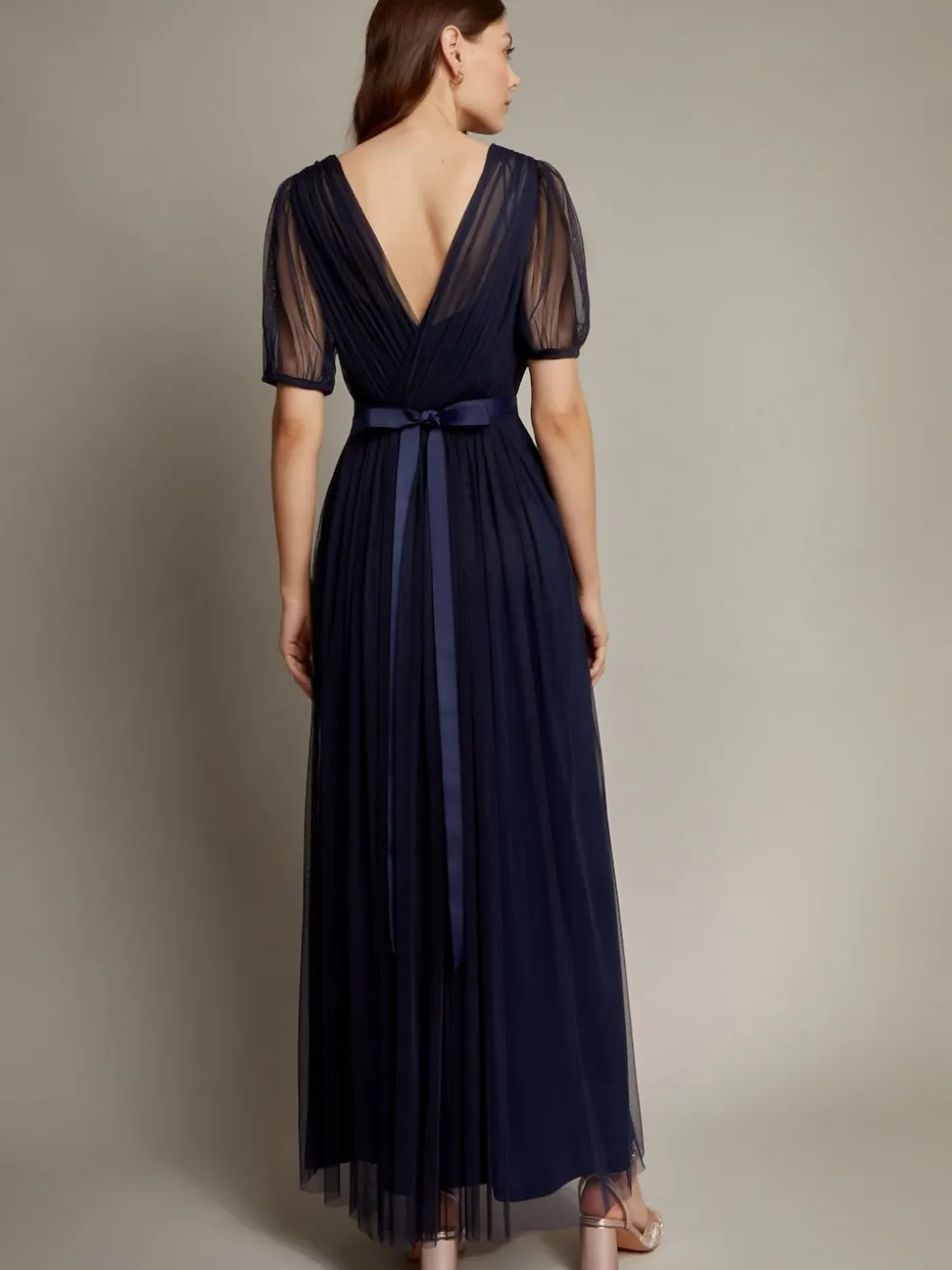 Monsoon Blue Ellie Sheer Sleeve Plunge Tulle Maxi Dress
