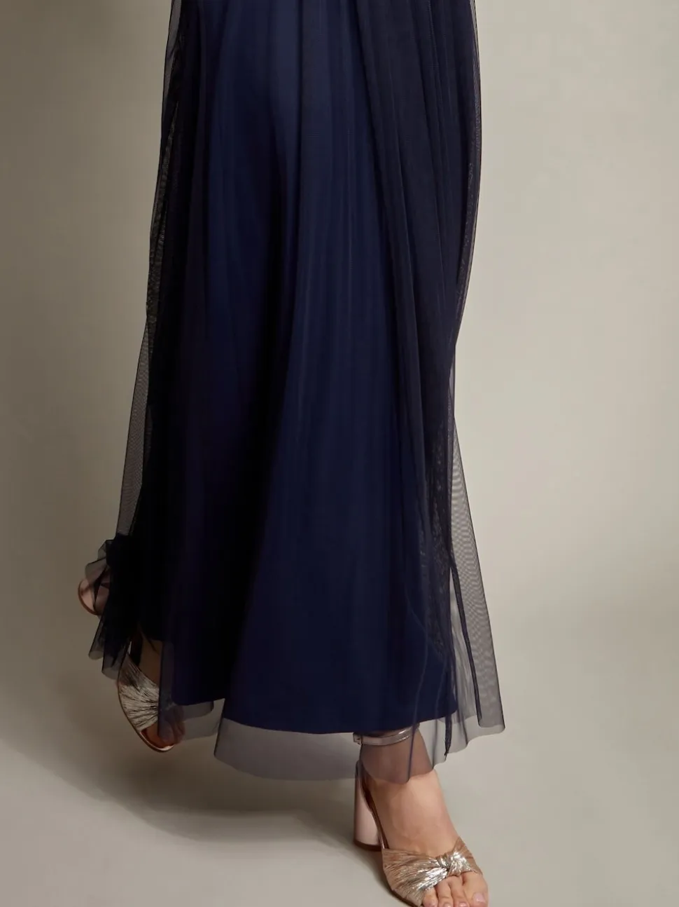 Monsoon Blue Ellie Sheer Sleeve Plunge Tulle Maxi Dress