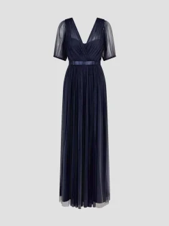 Monsoon Blue Ellie Sheer Sleeve Plunge Tulle Maxi Dress