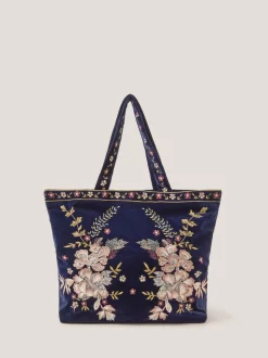 Monsoon Blue Fallon Floral Embroidered Velvet Tote Bag
