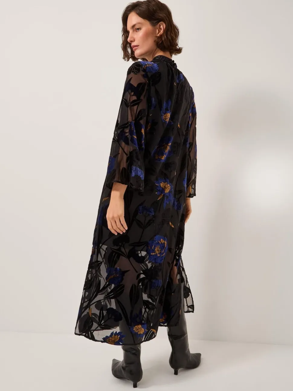 Monsoon Blue Giselle Sheer Floral Devoré Midi Dress
