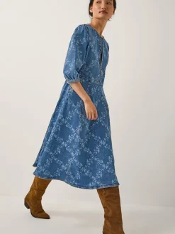 Monsoon Blue Hailsey Floral Denim Midi Dress