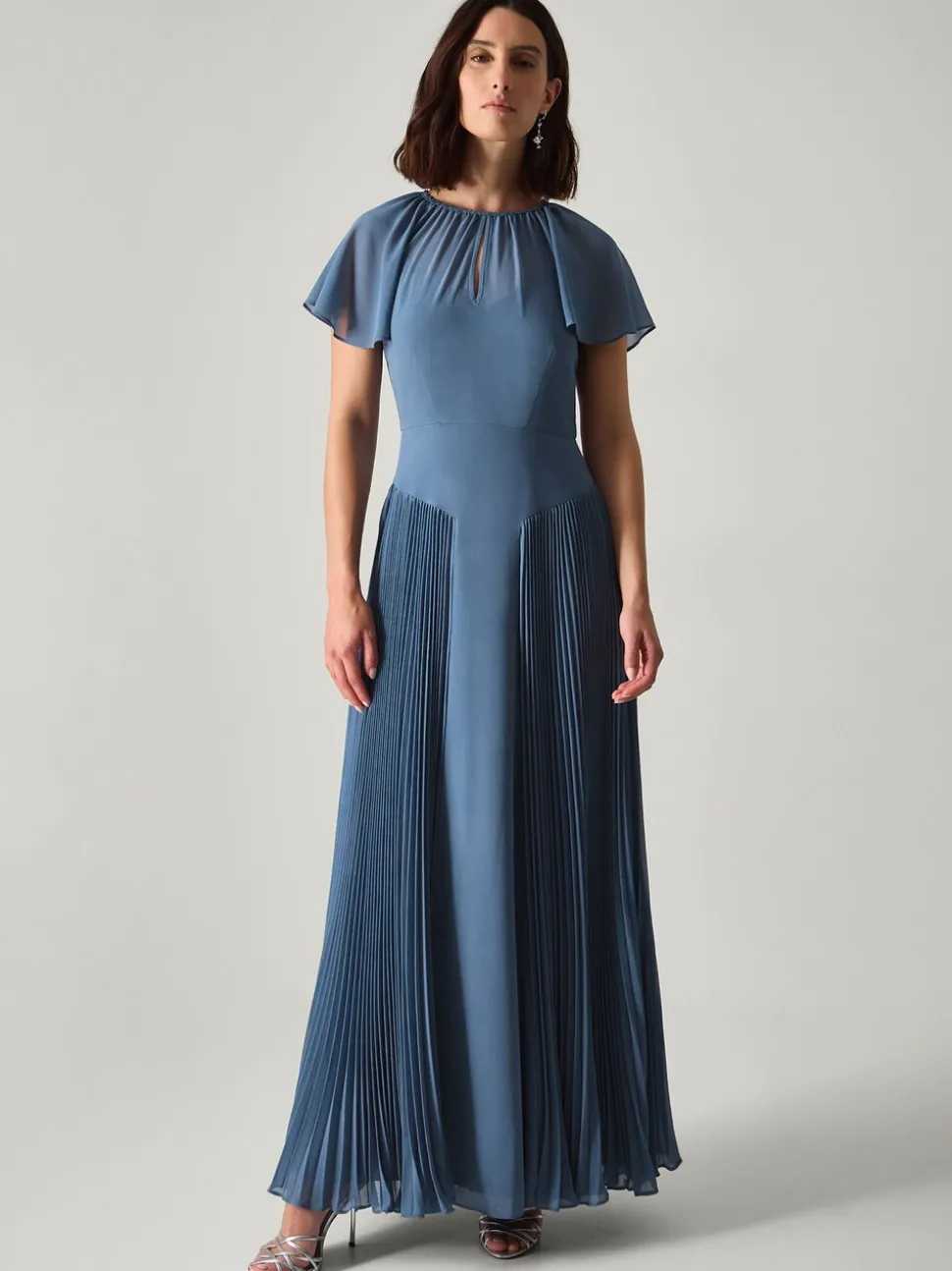 Monsoon Blue Madison Flutter Sleeve Pleated Bridesmaid Dress
