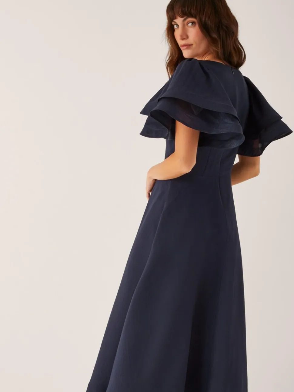 Monsoon Blue Patricia Ruffle Sleeve Midi Dress