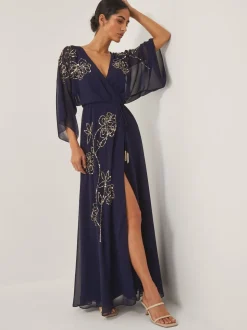 Monsoon Blue Skyla Floral Print Embellished Maxi Wrap Dress