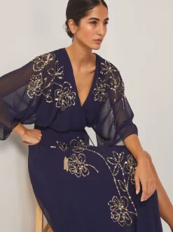 Monsoon Blue Skyla Floral Print Embellished Maxi Wrap Dress