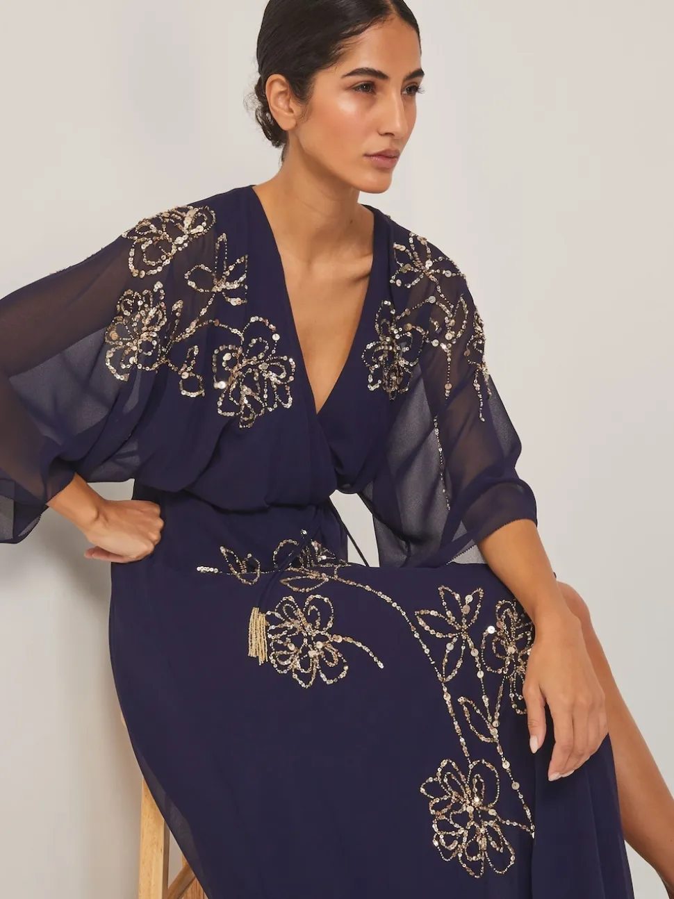 Monsoon Blue Skyla Floral Print Embellished Maxi Wrap Dress
