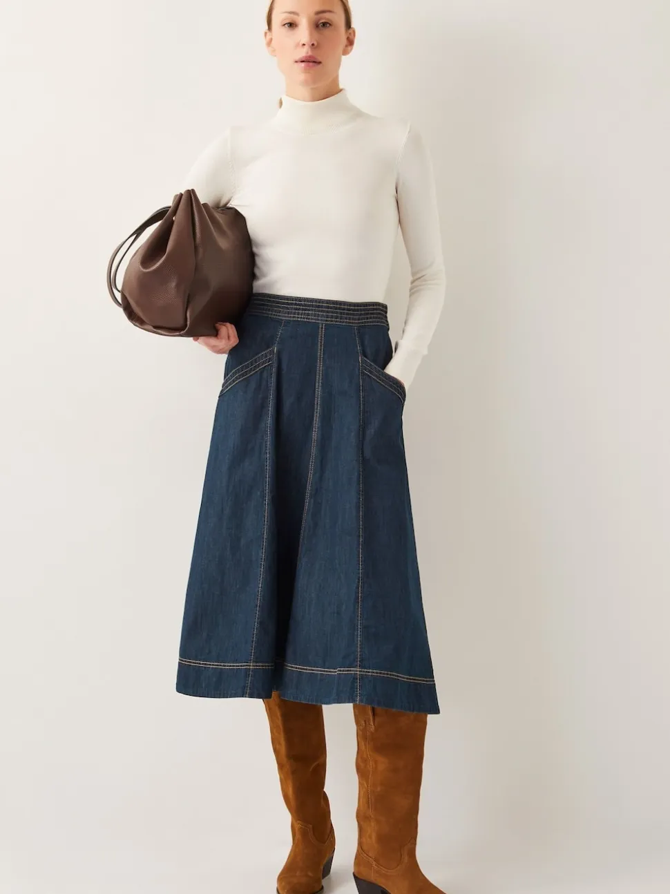 Monsoon Blue White Harper Seamed Denim 100% Cotton Midi Skirt