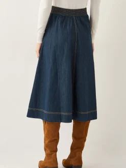 Monsoon Blue White Harper Seamed Denim 100% Cotton Midi Skirt