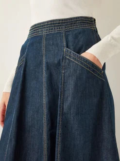 Monsoon Blue White Harper Seamed Denim 100% Cotton Midi Skirt