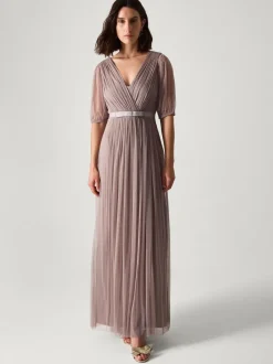 Monsoon Brown Ellie Sheer Sleeve Plunge Tulle Maxi Dress