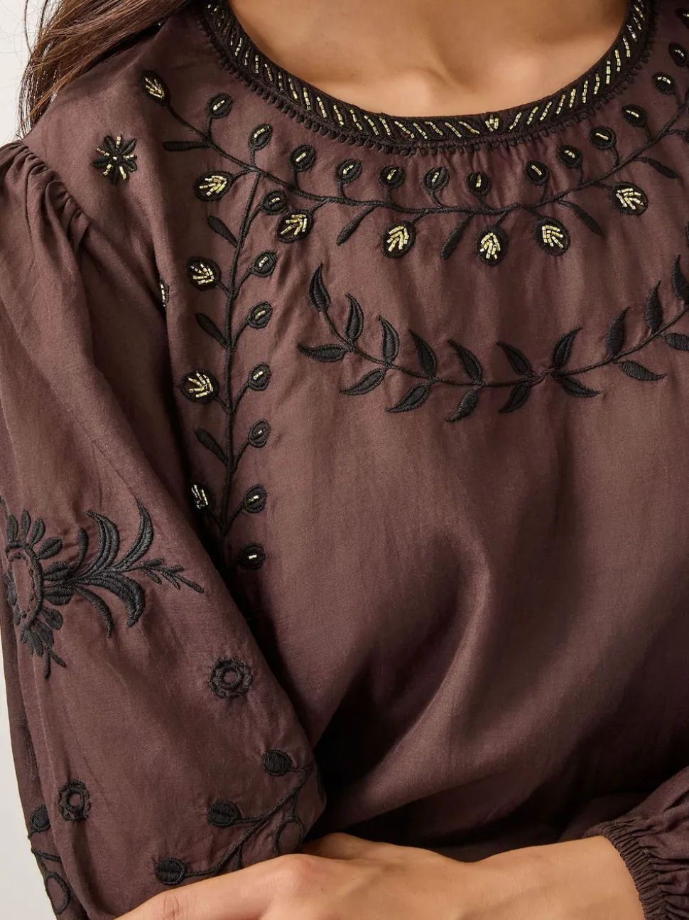 Monsoon Brown Isabelle Floral Embellished Top