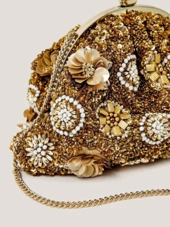 Monsoon Brown Lulu Flower Embellished Clutch Bag