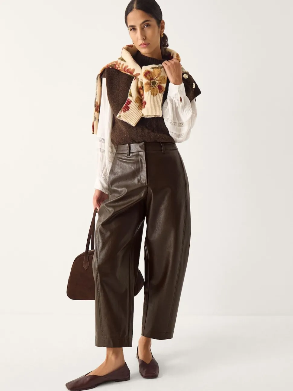 Monsoon Brown Tara Faux Leather Barrel Trousers
