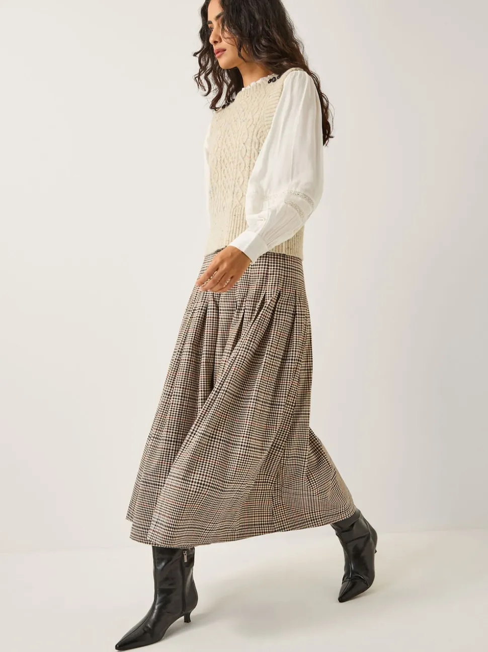 Monsoon Cream Carmen Check Pleat Midi Skirt