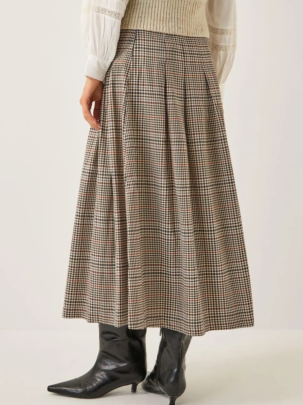 Monsoon Cream Carmen Check Pleat Midi Skirt
