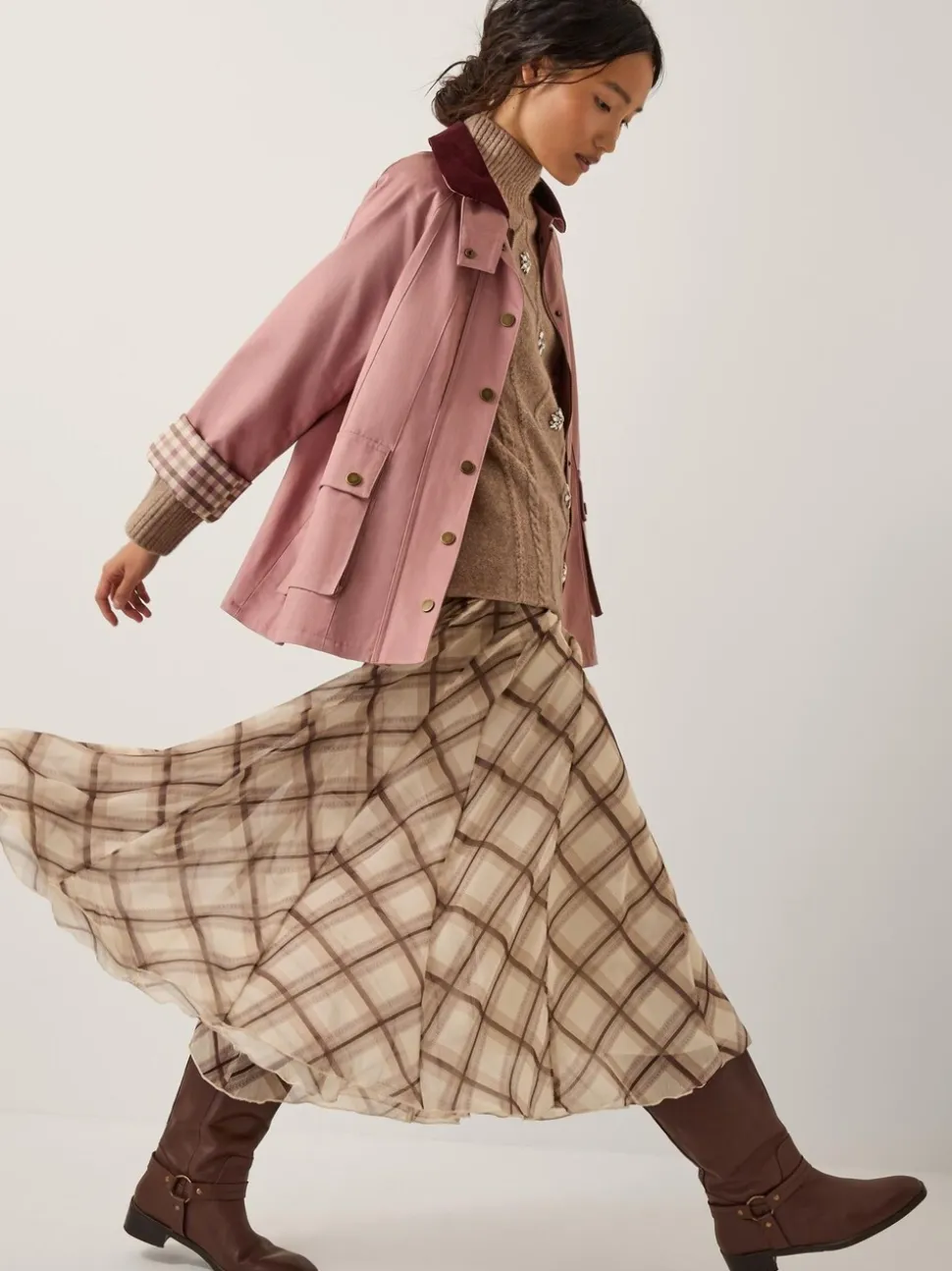 Monsoon Cream Chelsea Check Print Midi Skirt