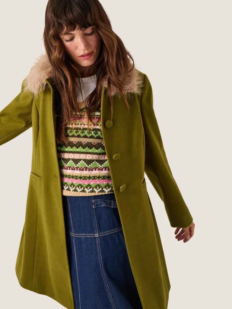 Monsoon Green Beatrice Faux Fur Collar Coat