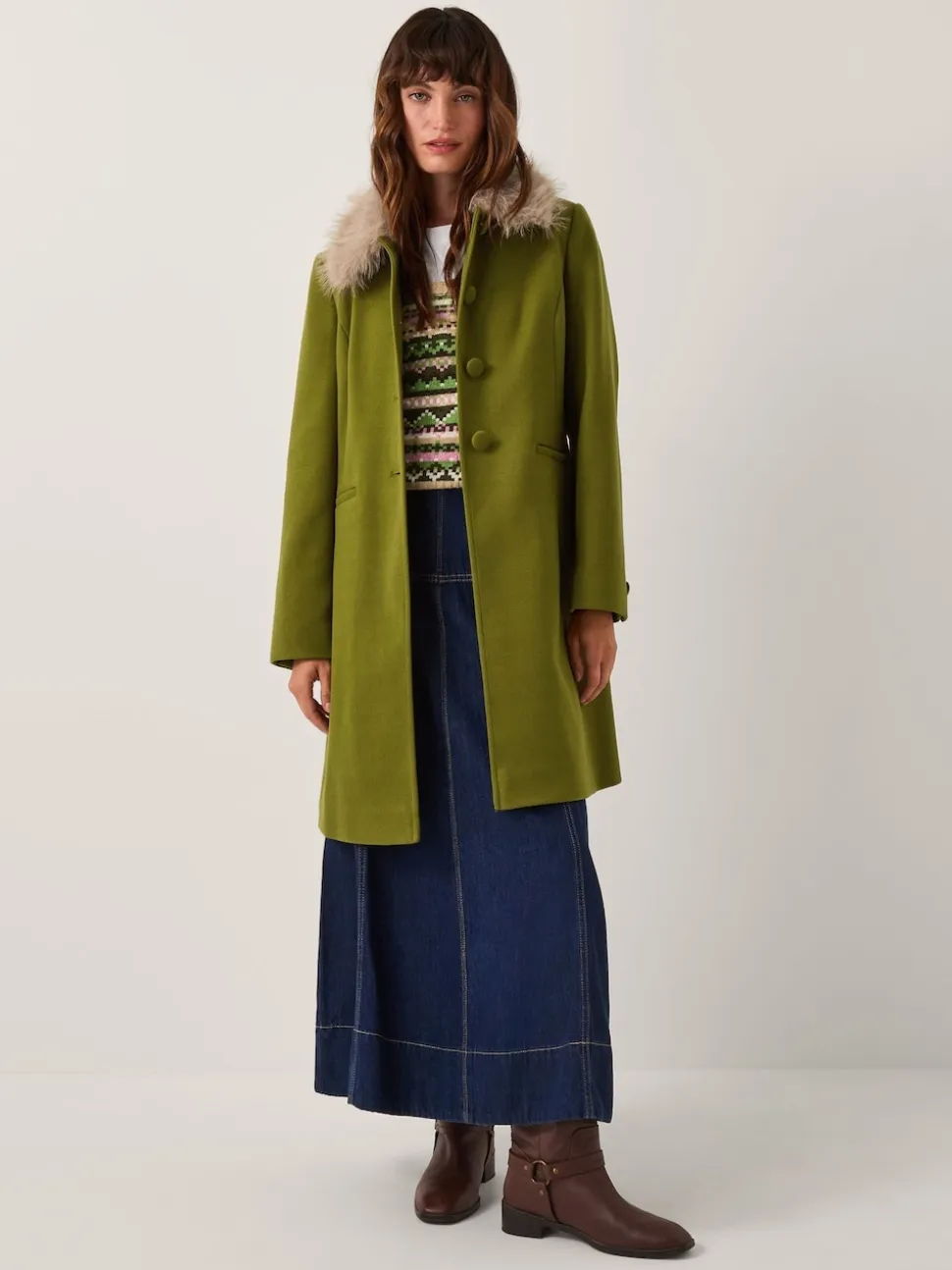 Monsoon Green Beatrice Faux Fur Collar Coat