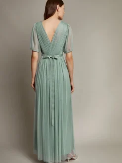 Monsoon Green Ellie Sheer Sleeve Plunge Tulle Maxi Dress
