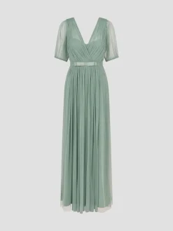Monsoon Green Ellie Sheer Sleeve Plunge Tulle Maxi Dress
