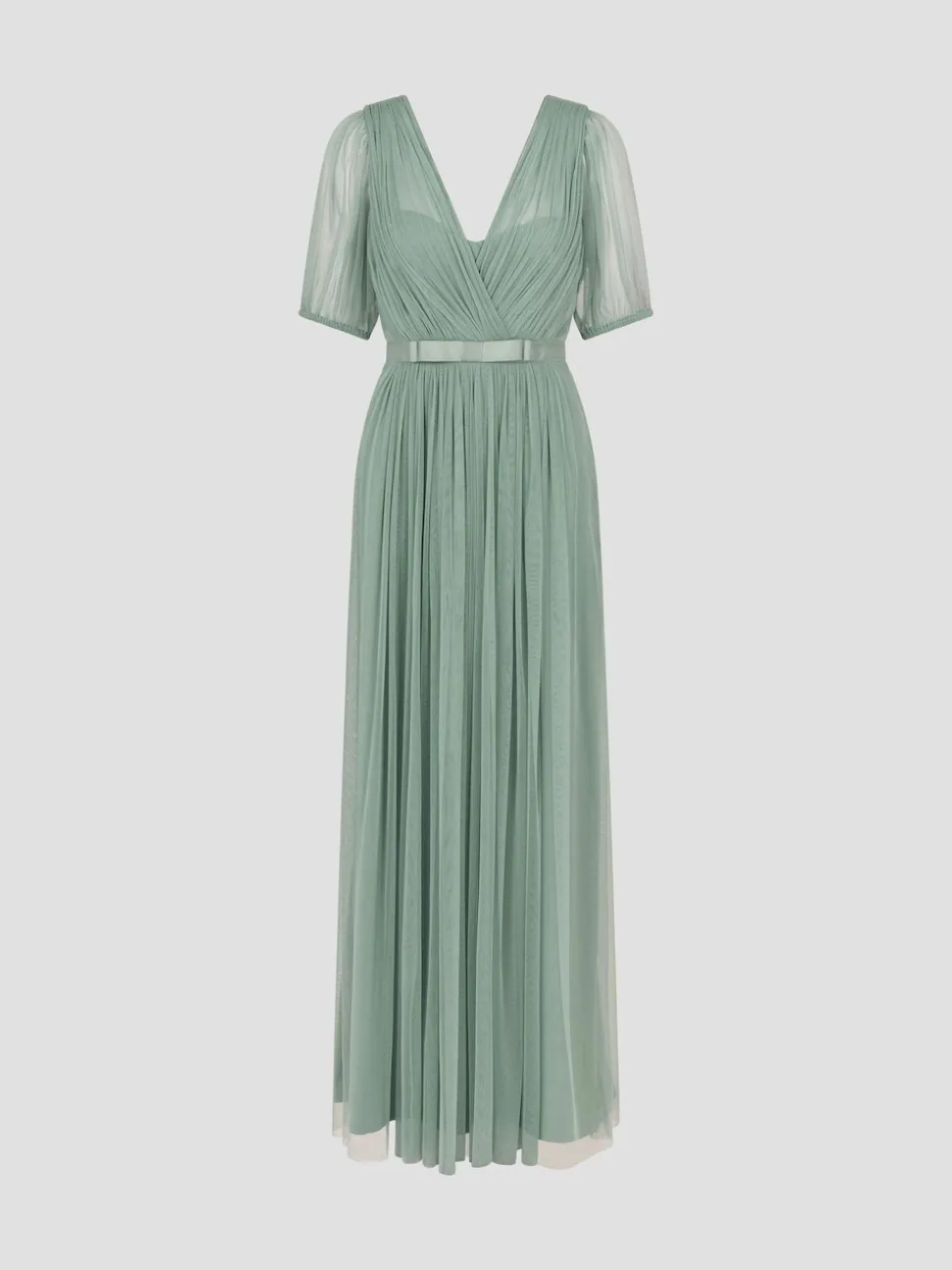 Monsoon Green Ellie Sheer Sleeve Plunge Tulle Maxi Dress