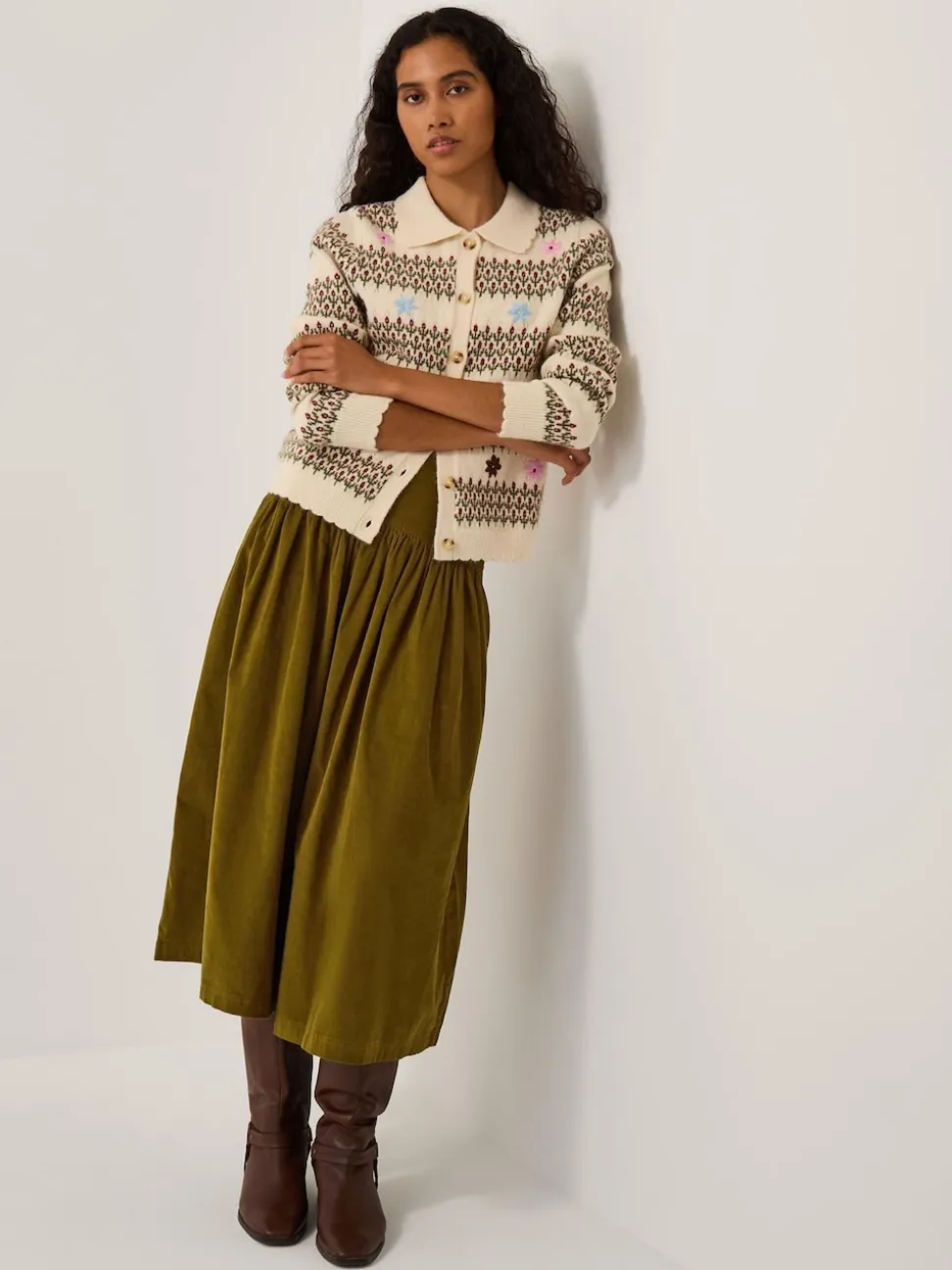 Monsoon Green Jenny Corduroy Midi Skirt