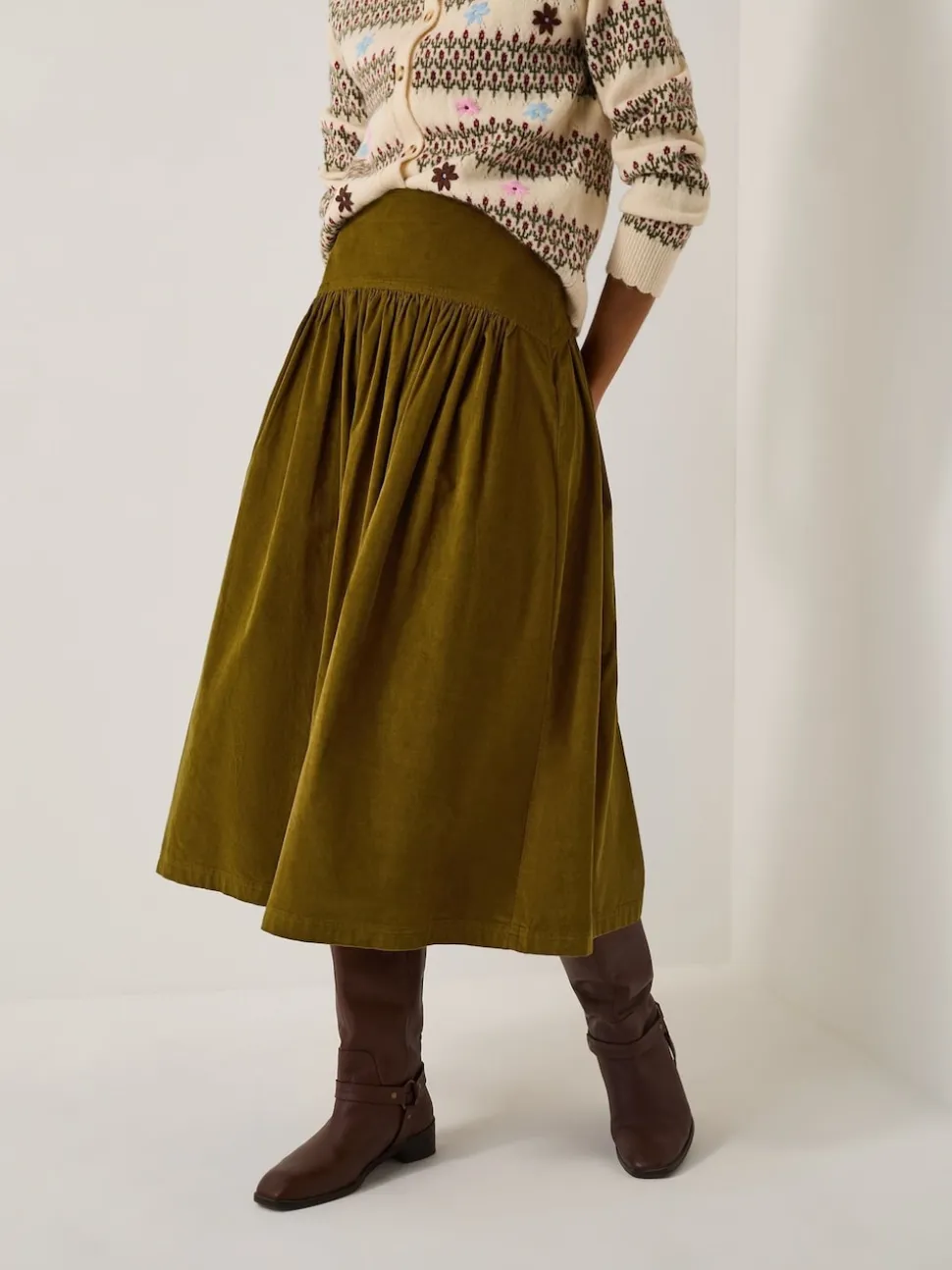 Monsoon Green Jenny Corduroy Midi Skirt
