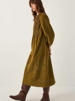 Monsoon Green Joyce Pintuck Embroidered Corduroy Midi Dress