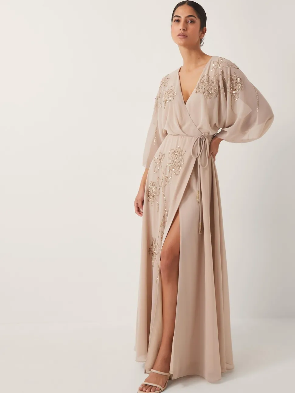 Monsoon Nude Skyla Floral Print Embellished Maxi Wrap Dress