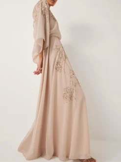 Monsoon Nude Skyla Floral Print Embellished Maxi Wrap Dress