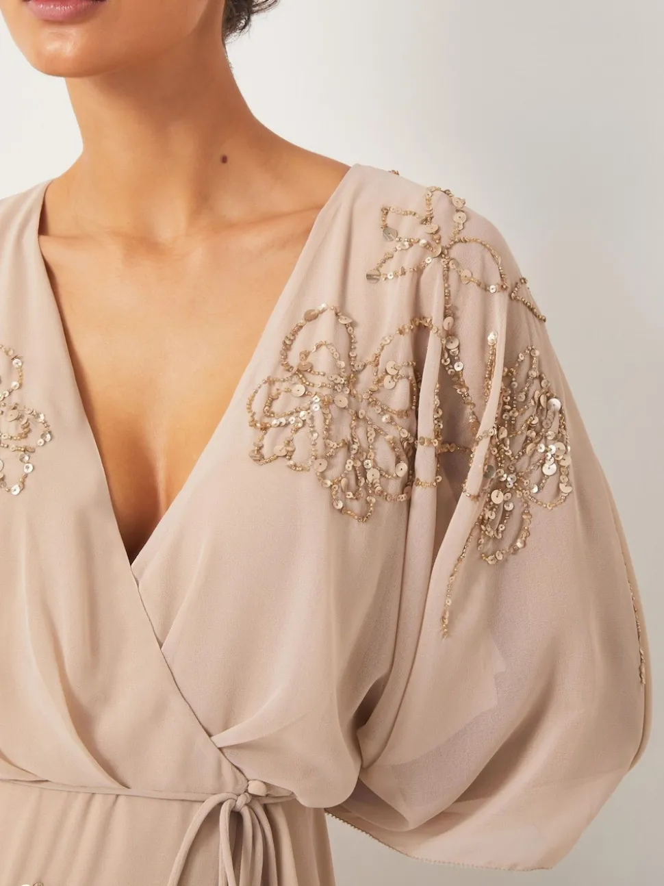 Monsoon Nude Skyla Floral Print Embellished Maxi Wrap Dress
