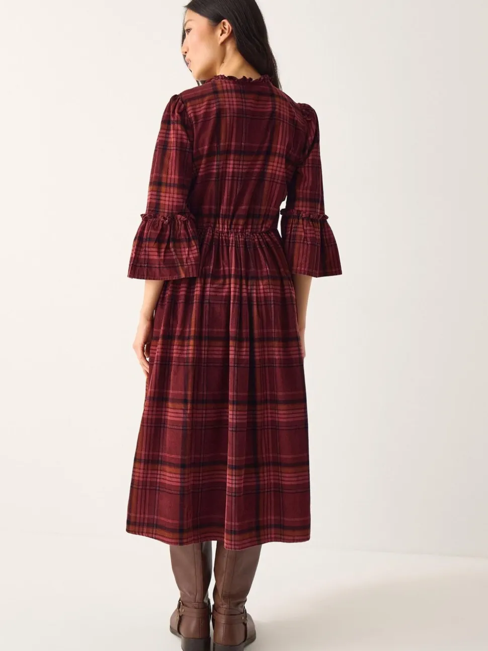 Monsoon Red Charly Check Corduroy Midi Dress