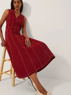 Monsoon Red Hope Sleeveless A-Line Denim Midi Dress