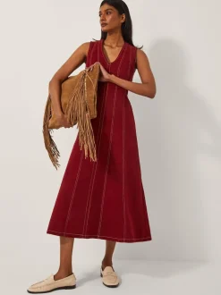 Monsoon Red Hope Sleeveless A-Line Denim Midi Dress