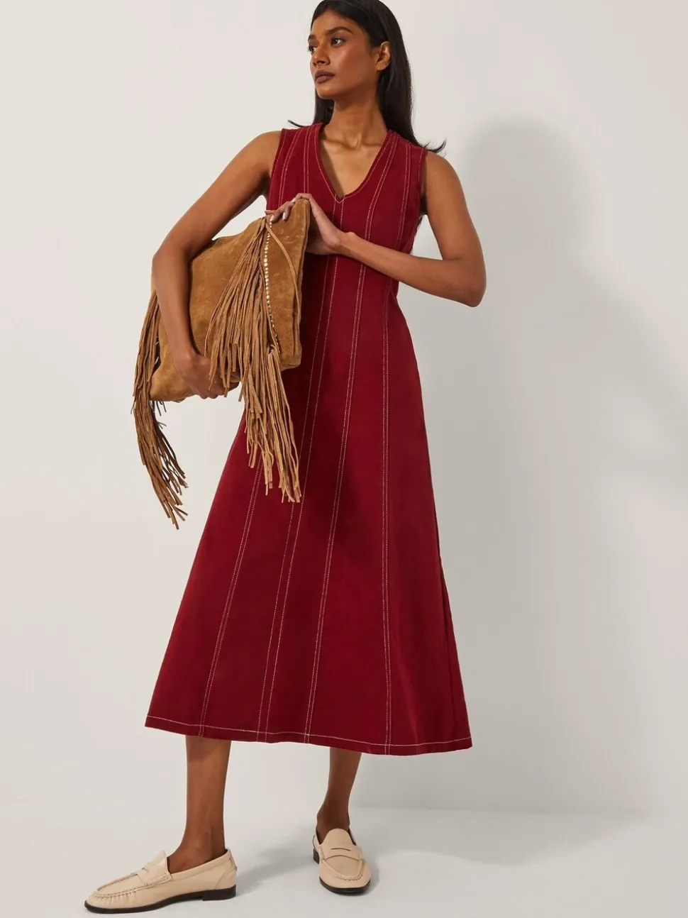 Monsoon Red Hope Sleeveless A-Line Denim Midi Dress