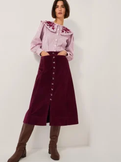 Monsoon Red Jamie Button Corduroy Midi Skirt