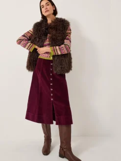 Monsoon Red Jamie Button Corduroy Midi Skirt