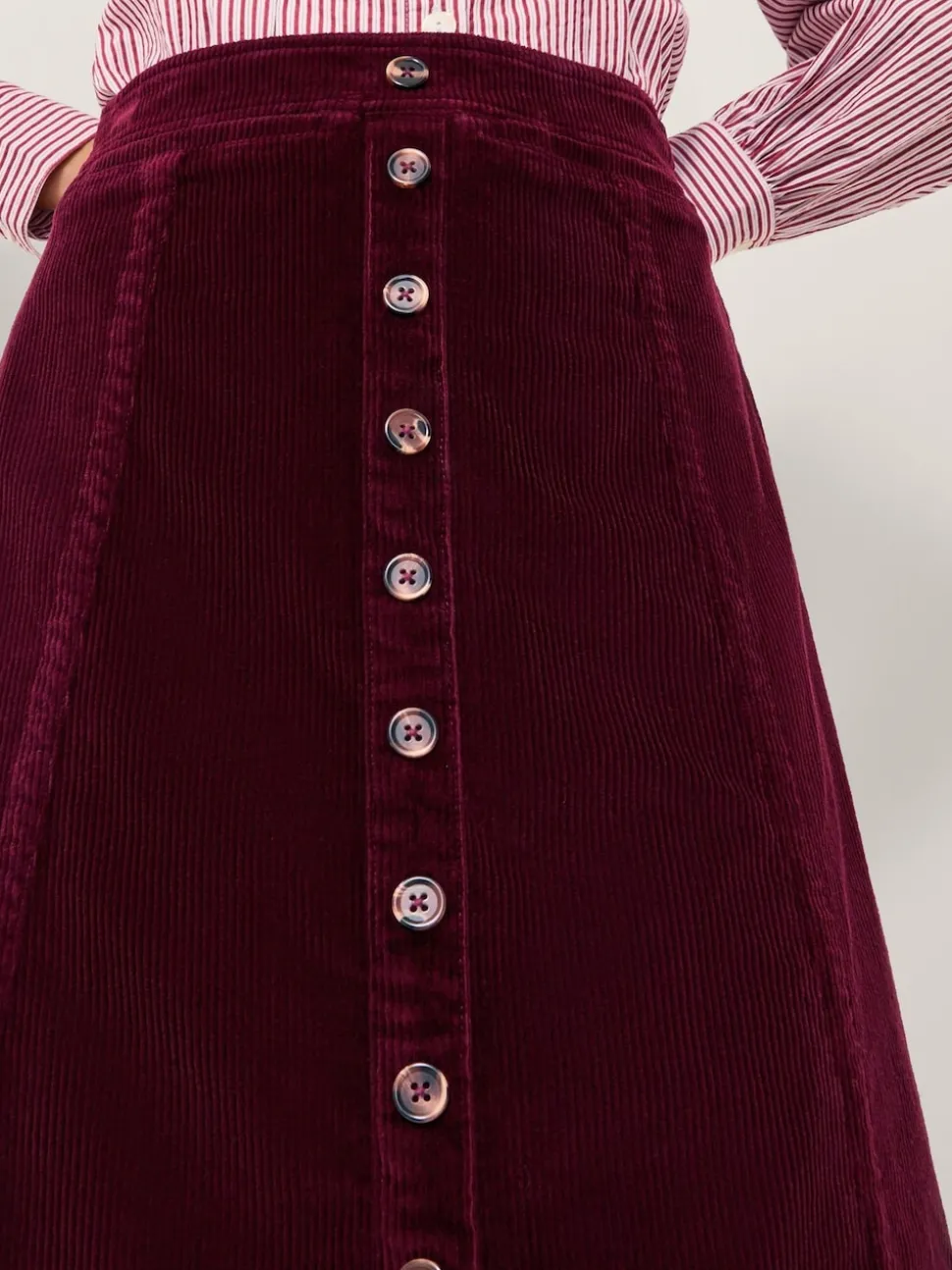 Monsoon Red Jamie Button Corduroy Midi Skirt