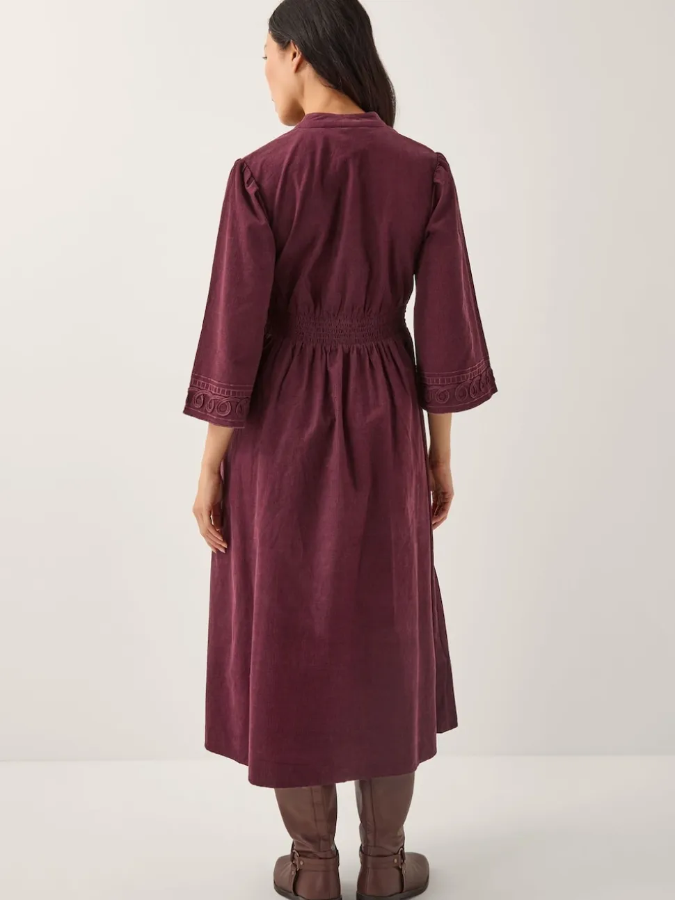 Monsoon Red Jimena Embroidered Corduroy Midi Dress