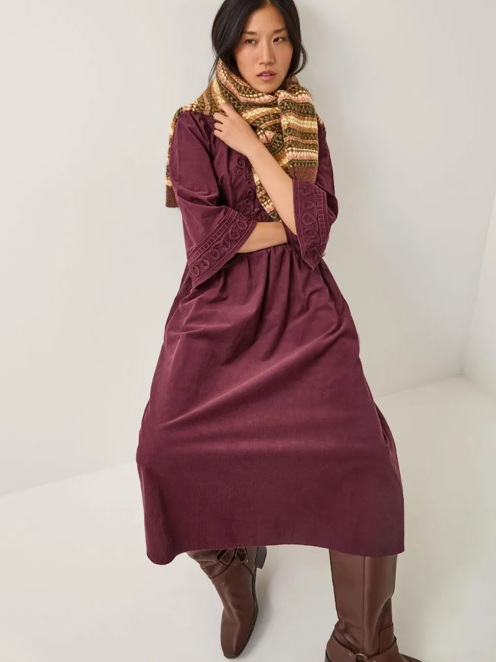 Monsoon Red Jimena Embroidered Corduroy Midi Dress