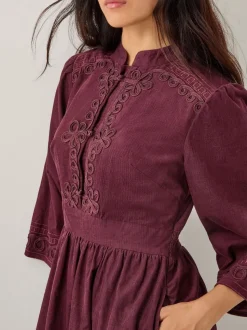 Monsoon Red Jimena Embroidered Corduroy Midi Dress